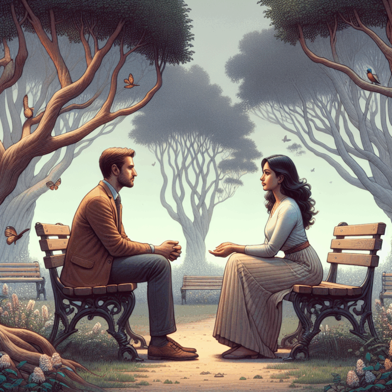 A calm and respectful conversation between a couple in a peaceful park setting, expressing care and understanding while discussing a breakup.
