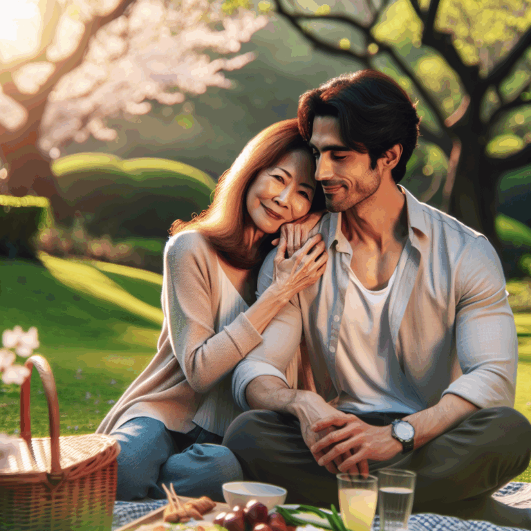 A diverse couple with a significant age difference enjoying a romantic picnic in a peaceful park, symbolizing love and unity. The scene is set in spring with flowers and soft sunlight.