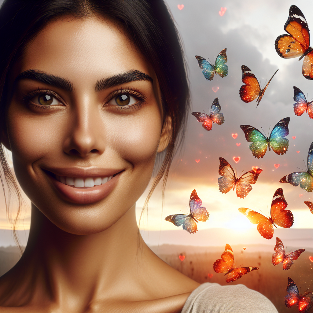 Une femme en train de sourire avec un regard intense, des papillons symboliques autour d'elle pour représenter l'amour, dans un cadre romantique, mettant en avant les signes d'amour subtils.