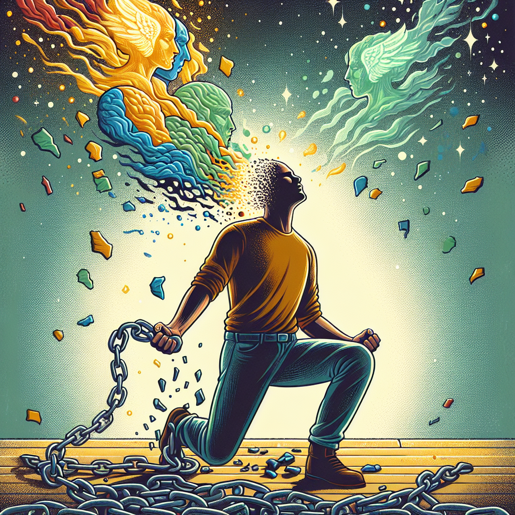An illustration of a person breaking free from psychological chains, symbolizing freedom from manipulation, with a subtle yet vibrant color palette that conveys empowerment and hope.