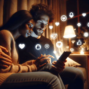 A romantic couple sitting together, using a smartphone, surrounded by icons representing different relationship-building apps. The atmosphere is cozy and intimate, with a focus on technology enhancing romance.
