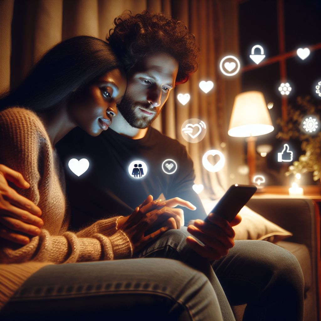 A romantic couple sitting together, using a smartphone, surrounded by icons representing different relationship-building apps. The atmosphere is cozy and intimate, with a focus on technology enhancing romance.