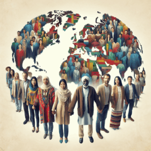 Des hommes et femmes de diverses nationalités se tenant par la main, symbolisant l'unité et la diversité, avec une carte du monde en arrière-plan.