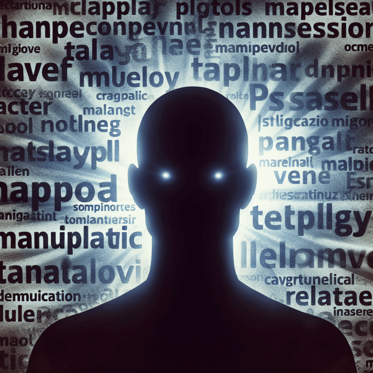 Une illustration psychologique montrant une silhouette sombre, symbolisant un manipulateur pervers narcissique, avec un arrière-plan de phrases floues représentant des mots de manipulation.