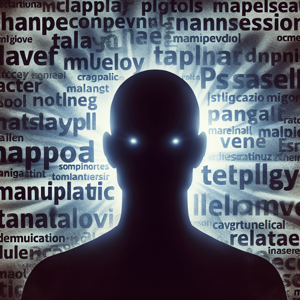 Une illustration psychologique montrant une silhouette sombre, symbolisant un manipulateur pervers narcissique, avec un arrière-plan de phrases floues représentant des mots de manipulation.
