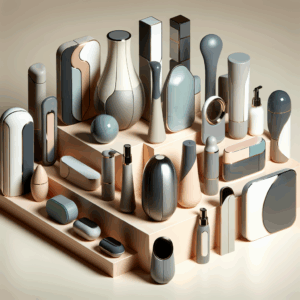 A selection of the latest and most innovative sex toys, beautifully arranged. Featuring a variety of shapes, colors, and designs, with a sleek and modern look, set against a soft, neutral background to emphasize sophistication and novelty.
