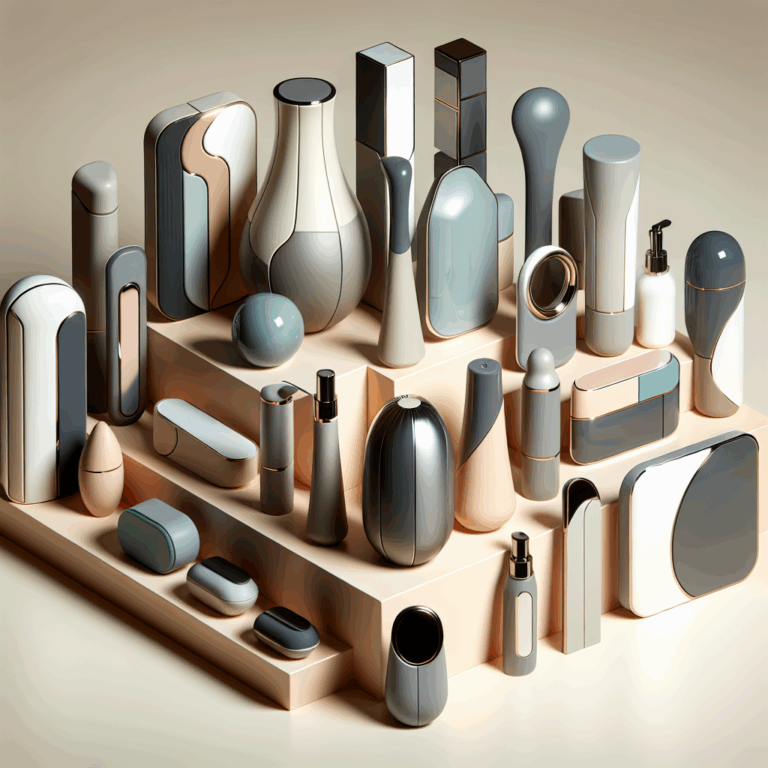 A selection of the latest and most innovative sex toys, beautifully arranged. Featuring a variety of shapes, colors, and designs, with a sleek and modern look, set against a soft, neutral background to emphasize sophistication and novelty.