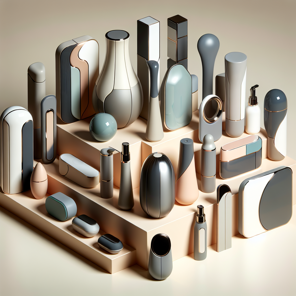 A selection of the latest and most innovative sex toys, beautifully arranged. Featuring a variety of shapes, colors, and designs, with a sleek and modern look, set against a soft, neutral background to emphasize sophistication and novelty.