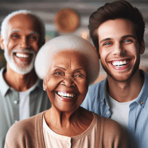 A couple of different ages looking happy together, with smiles and warm expressions, set in a cozy home environment. The background is softly blurred, giving a comforting and intimate atmosphere to the scene.