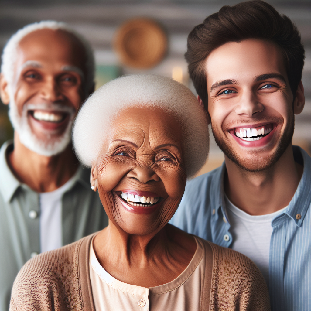 A couple of different ages looking happy together, with smiles and warm expressions, set in a cozy home environment. The background is softly blurred, giving a comforting and intimate atmosphere to the scene.