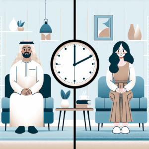 Illustration d'un couple assis chacun de son côté dans une pièce chaleureuse, avec une horloge stylisée indiquant 24 heures entre eux et un léger sourire, symbolisant le calme et la réflexion.