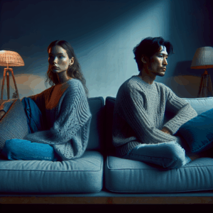A couple sitting on opposite ends of a sofa, looking away from each other, symbolizing emotional distance, with a cold, muted color palette to evoke a sense of separation and reflection.