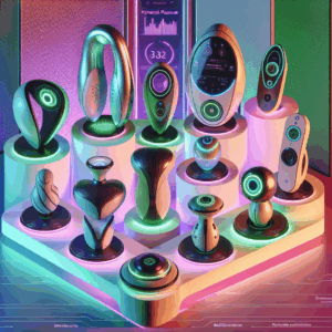 A futuristic display of diverse sextoys with a sleek, modern design, showcasing advanced technology features such as sonic waves, eco-friendly materials, and multifunctional capabilities in a vibrant and colorful setting.