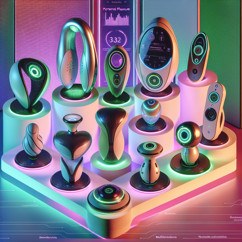 A futuristic display of diverse sextoys with a sleek, modern design, showcasing advanced technology features such as sonic waves, eco-friendly materials, and multifunctional capabilities in a vibrant and colorful setting.
