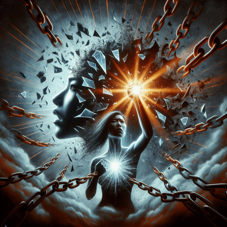 A psychological representation of a person breaking free from manipulative chains, symbolizing empowerment and the courage to challenge narcissistic abuse. The image should incorporate elements like a shattered mirror and a bold light breaking through darkness, conveying a sense of liberation and strength.