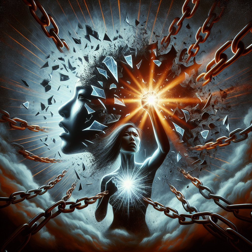 A psychological representation of a person breaking free from manipulative chains, symbolizing empowerment and the courage to challenge narcissistic abuse. The image should incorporate elements like a shattered mirror and a bold light breaking through darkness, conveying a sense of liberation and strength.