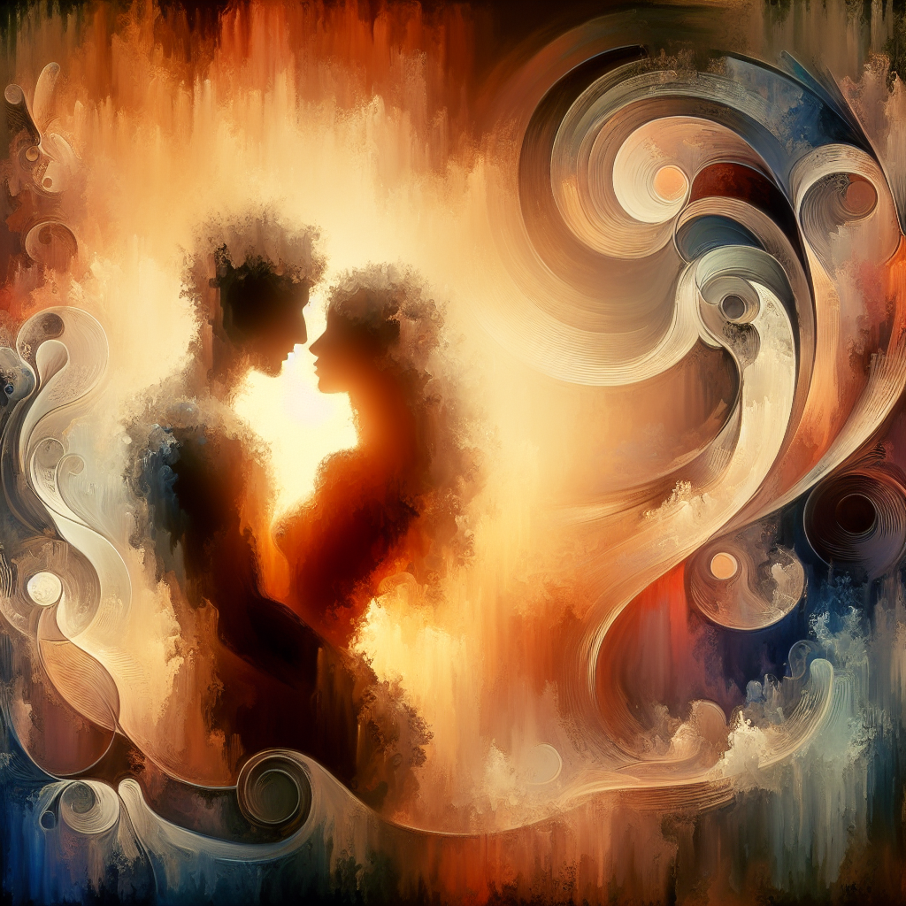 A tasteful and artistic image of a couple exploring intimacy, focusing on soft lighting and abstract shapes that hint at sensual exploration without explicit content, suggesting the theme of discovery and trust in intimate settings.