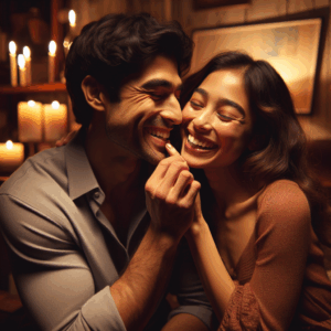 A couple playfully engaged in a gentle bite, both smiling, in a cozy, romantic setting with soft lighting.