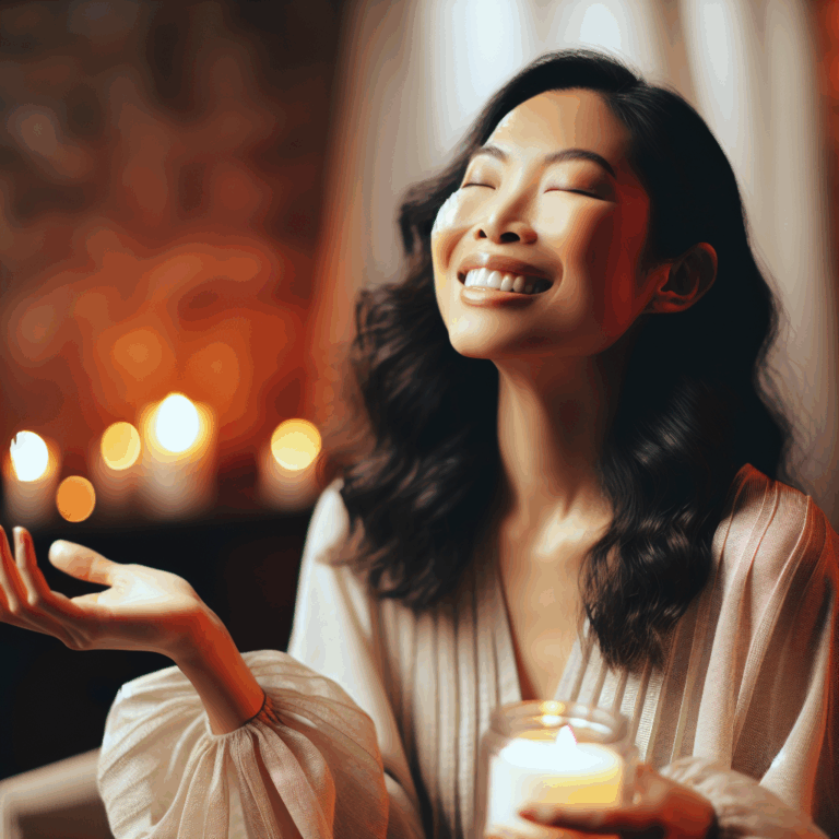 A sensual and artistic depiction of a woman experiencing joy and fulfillment, set in an intimate and soft-focus environment; a tasteful and empowering representation emphasizing elegance and confidence.