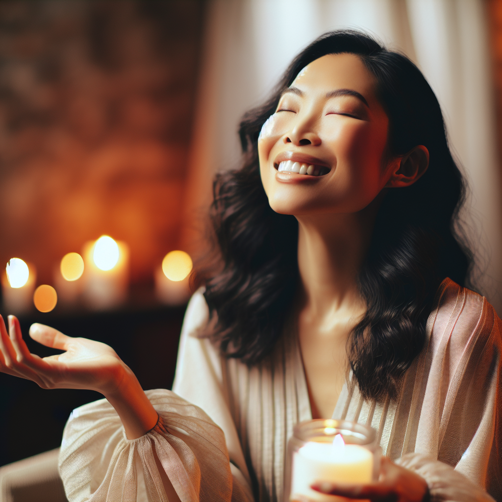 A sensual and artistic depiction of a woman experiencing joy and fulfillment, set in an intimate and soft-focus environment; a tasteful and empowering representation emphasizing elegance and confidence.