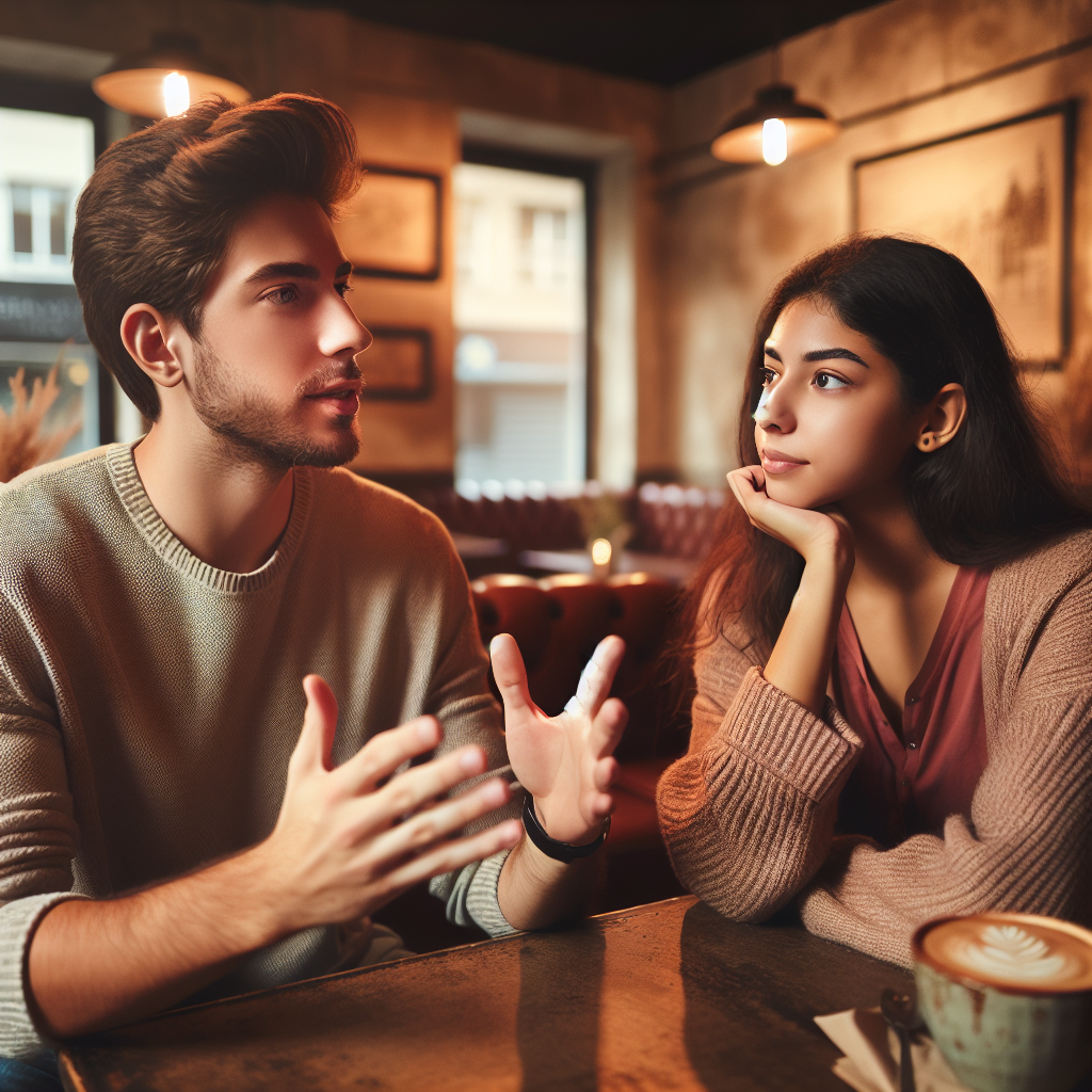 A young couple sitting in a cozy cafe, one of them passionately sharing personal stories, while the other listens intently. The setting is warm, inviting, with soft lighting and subtle urban decor. The expressions on their faces reflect deep connection and contemplation.