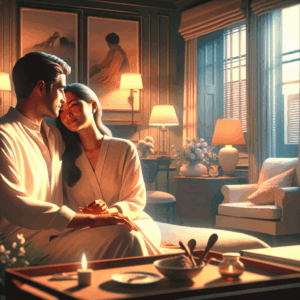 An artistic, tasteful illustration showing a couple exploring intimate moments together, focusing on a sense of trust and connection, set in a softly-lit bedroom atmosphere to symbolize privacy and comfort.