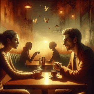 A calm and respectful breakup scene between two adults in a serene café setting, with a focus on empathy and understanding. The couple is engaged in a heartfelt conversation, capturing emotions of serenity and mutual respect.