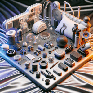 A futuristic and diverse collection of innovative sex toys displayed artistically on a satin bedspread. The image is vibrant with a modern aesthetic, showcasing high-tech designs and sustainable materials.