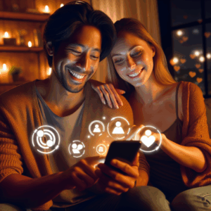 A diverse couple using a smartphone together, surrounded by digital icons representing apps for couples, in a cozy and intimate living room setting, warm lighting, happy and engaging atmosphere.