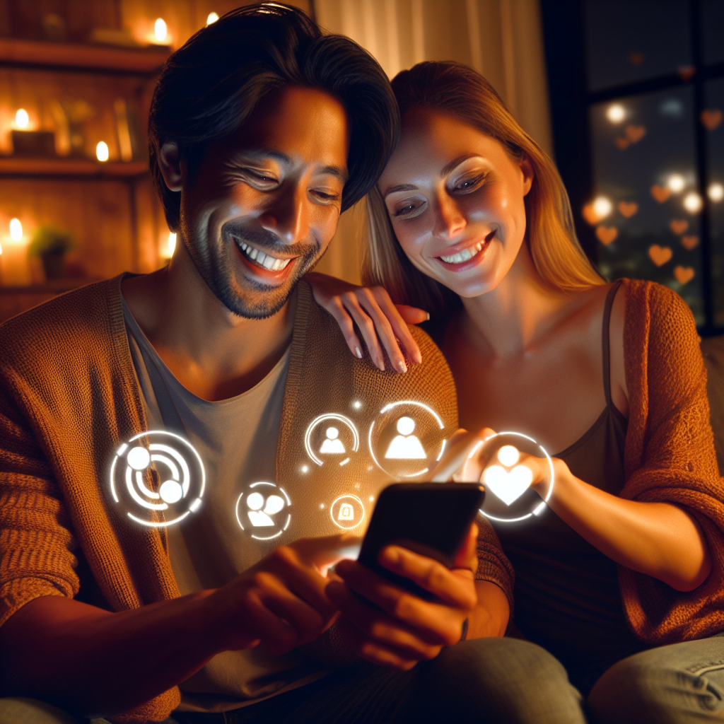 A diverse couple using a smartphone together, surrounded by digital icons representing apps for couples, in a cozy and intimate living room setting, warm lighting, happy and engaging atmosphere.