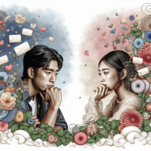 A romantic scene showing a couple deeply in thought about each other, with dreamy elements like messages and flowers symbolizing affection.