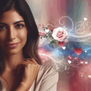 A serene woman with a gentle smile and sparkling eyes, surrounded by subtle symbols of love like hearts and soft colors, in an intimate, dreamy setting.