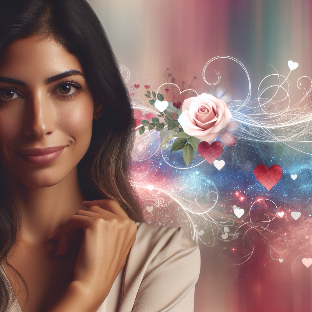 A serene woman with a gentle smile and sparkling eyes, surrounded by subtle symbols of love like hearts and soft colors, in an intimate, dreamy setting.