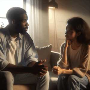 A calm and serene couple having a thoughtful conversation in a cozy living room, with soft lighting to indicate a peaceful atmosphere. The couple looks relaxed and engaged, suggesting a constructive dialogue taking place.