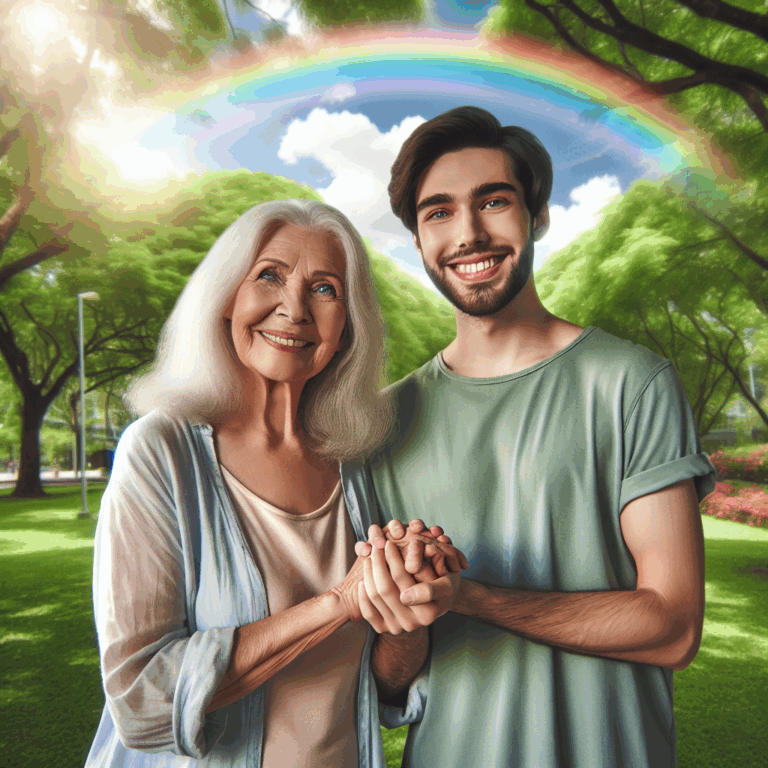 A couple of different ages holding hands in a public park, looking happy and confident, with soft lighting and a rainbow in the sky to symbolize diversity and acceptance.