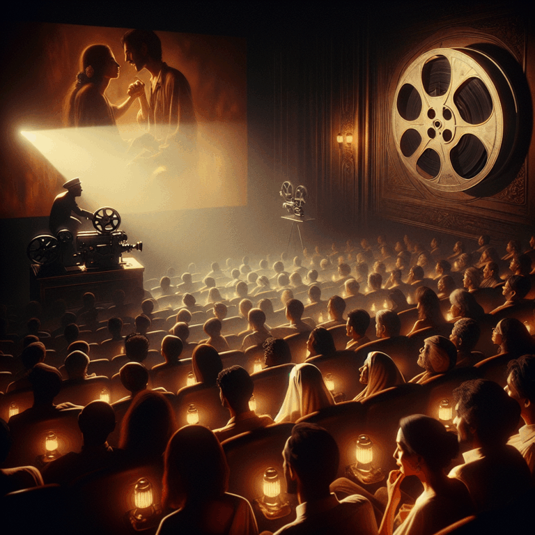 A romantic and sensual movie scene set in a dimly lit cinema, with a vintage film reel projector casting a warm glow and silhouettes of an entranced audience, conveying a sense of nostalgia and hidden desires.