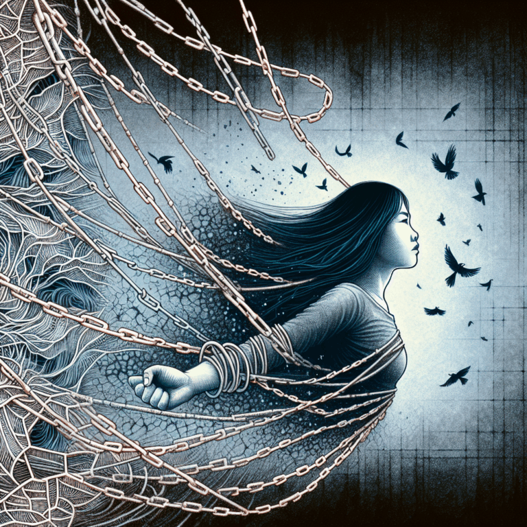 An illustration of a person breaking free from mental chains, symbolizing liberation from psychological manipulation, with abstract lines representing manipulation techniques.