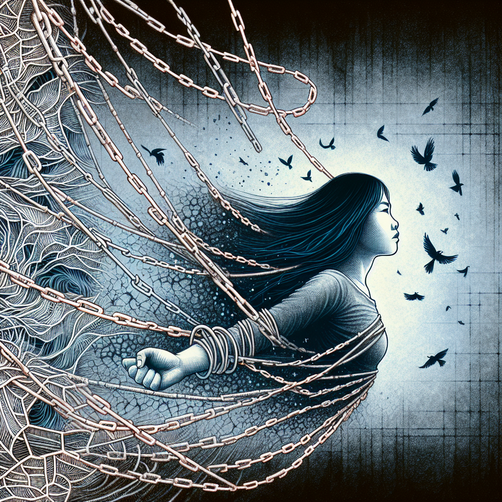 An illustration of a person breaking free from mental chains, symbolizing liberation from psychological manipulation, with abstract lines representing manipulation techniques.