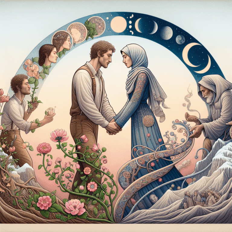 A heartfelt illustration of a couple holding hands, walking through different stages of life, depicting various phases of a relationship, with symbolic elements representing growth, challenges, and unity in a soft, pastel color palette.