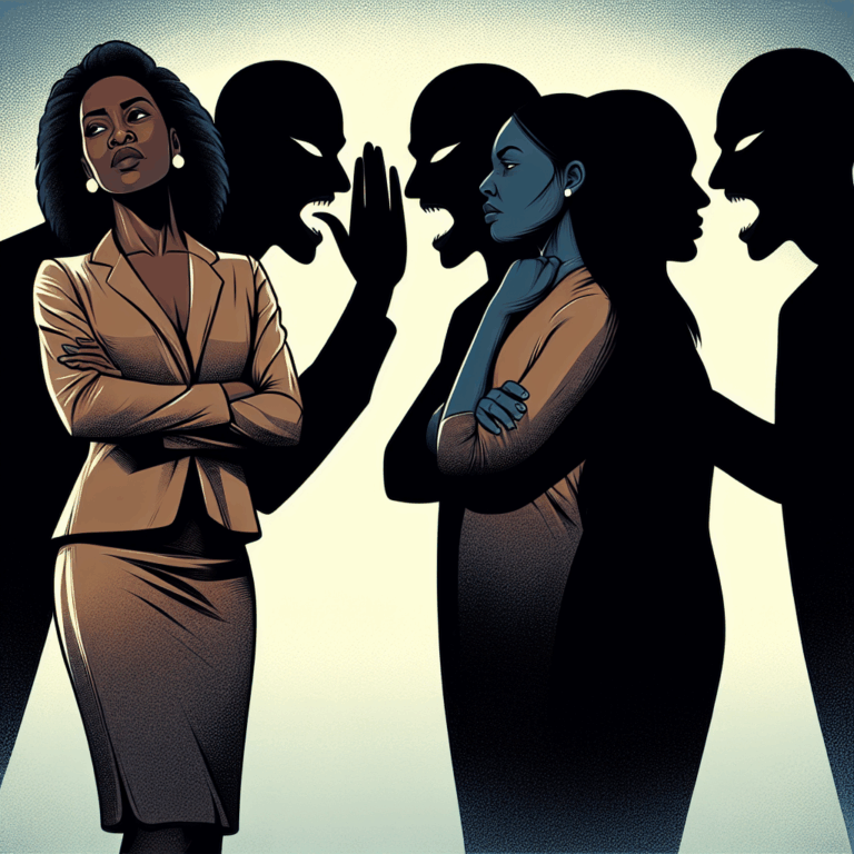 An illustration showing a person standing confidently, facing shadows representing manipulation and deceit. The shadows are whispering, symbolizing deceitful phrases, while the person stands tall and unmoved.