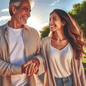 Un couple d'âges différents, main dans la main, marchant joyeusement dans un parc sous un ciel ensoleillé. L'homme, d'apparence plus âgé, sourit chaleureusement à sa partenaire plus jeune, reflétant l'harmonie et l'amour qui les unit.