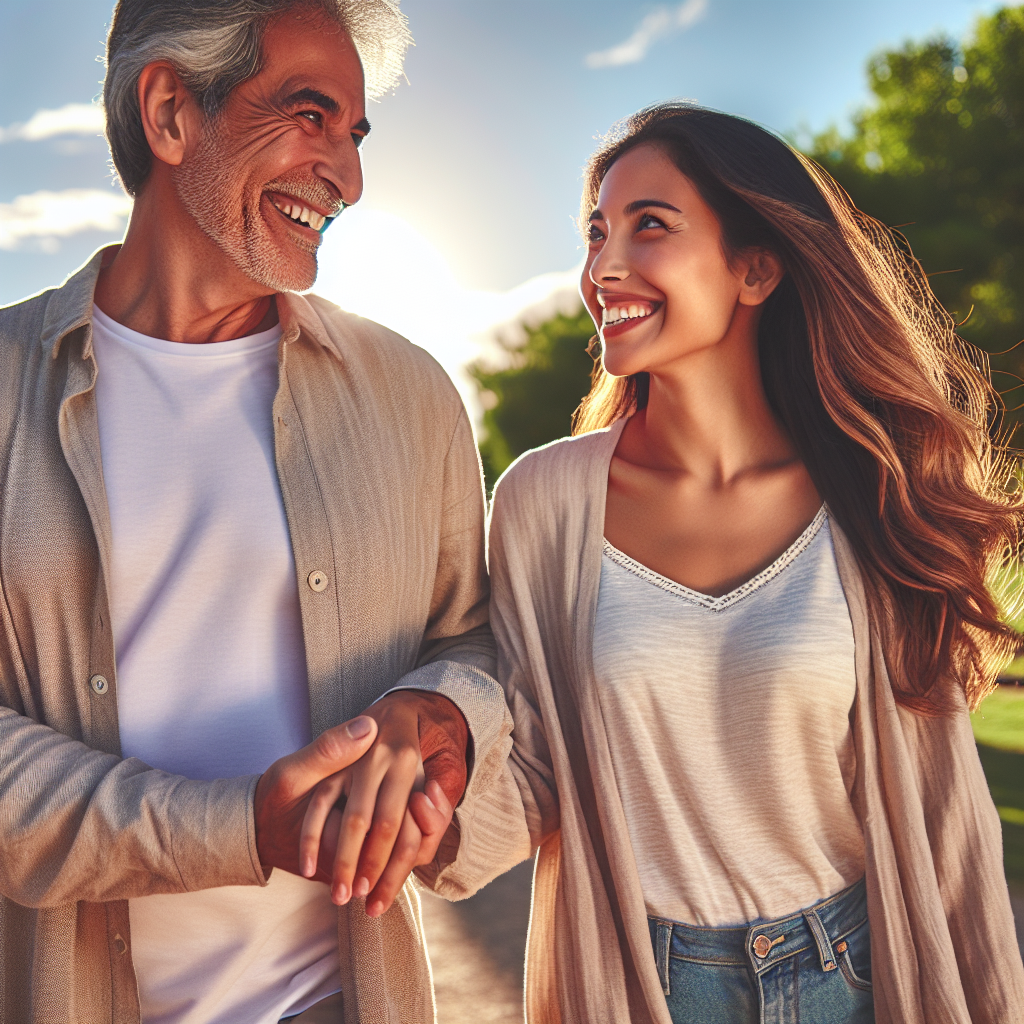 Un couple d'âges différents, main dans la main, marchant joyeusement dans un parc sous un ciel ensoleillé. L'homme, d'apparence plus âgé, sourit chaleureusement à sa partenaire plus jeune, reflétant l'harmonie et l'amour qui les unit.