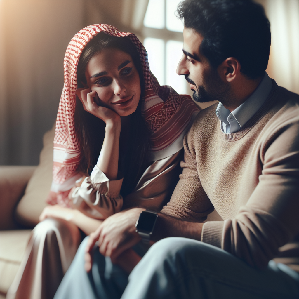 A couple sitting in a cozy setting, one person sharing their personal story with emotions visible on their face, while the listener shows empathetic and attentive body language, surrounded by soft, warm lighting that conveys an intimate atmosphere.