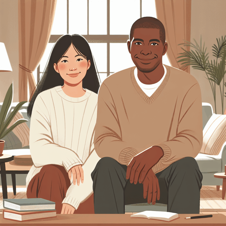 An illustration of a diverse couple with a significant age gap, looking happy and content, set in a cozy living room with a warm and inviting atmosphere.