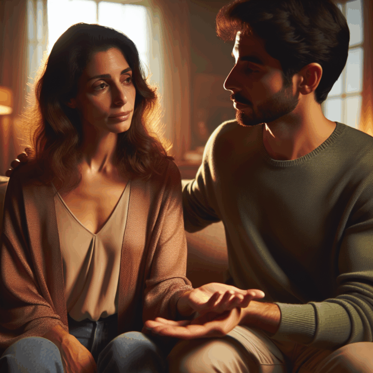 A serene couple sitting together on a cozy sofa, the woman gently reassuring her partner who looks concerned. There should be a warm, intimate living room setting with soft lighting, symbolizing trust and understanding in a relationship.