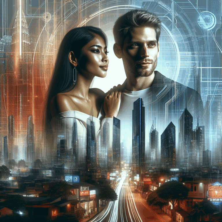 A modern couple standing together with diverse backgrounds, visually representing dynamic and evolving relationships, set against a futuristic cityscape backdrop. The focus is on love and connection in a modern age, depicting vibrancy and change.