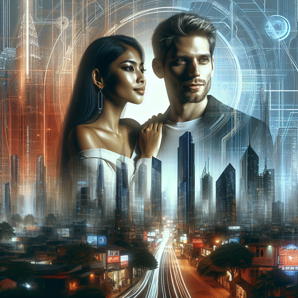 A modern couple standing together with diverse backgrounds, visually representing dynamic and evolving relationships, set against a futuristic cityscape backdrop. The focus is on love and connection in a modern age, depicting vibrancy and change.