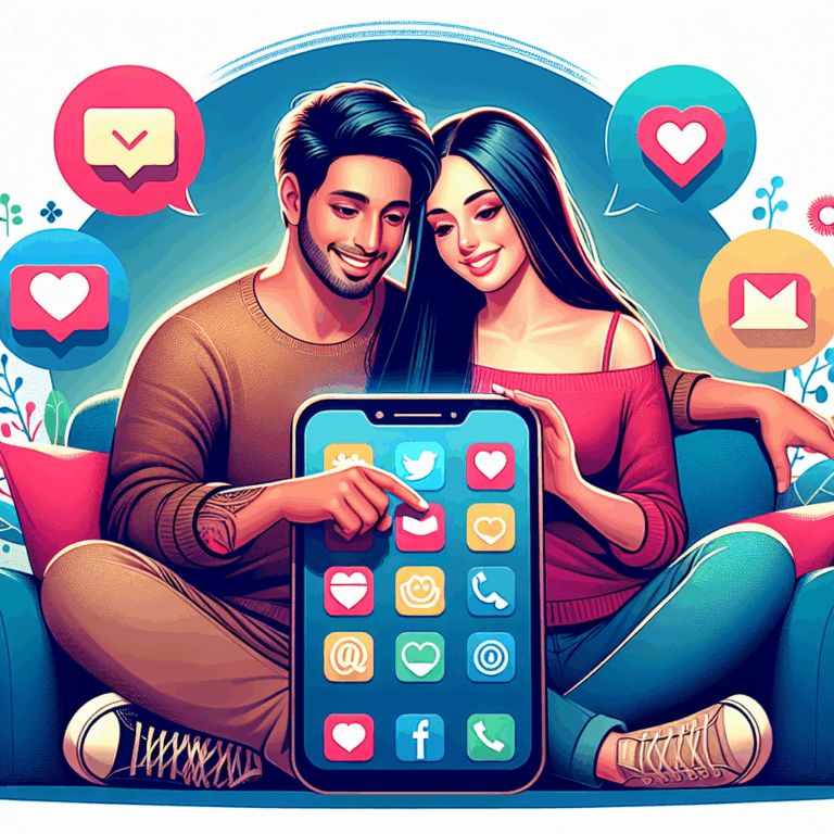 A digital illustration of a couple using a smartphone together, surrounded by app icons related to love and relationships. The couple is smiling and sitting in a cozy setting, symbolizing technology enhancing romantic relationships.