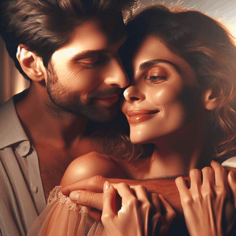 A romantic couple in an intimate setting, with playful and affectionate expressions, surrounded by soft lighting to evoke warmth and tenderness.
