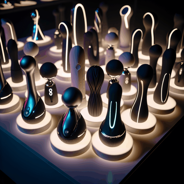 Une collection de sextoys futuristes et élégants exposés sur une table, chacun avec un design unique et innovant, éclairé par une lumière douce pour créer une atmosphère moderne et intime.